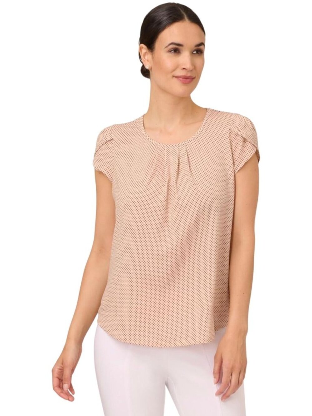 Adrianna Papell L Blouse Polka Dot Pleated Petal Flutter Sleeves Chic Flowy